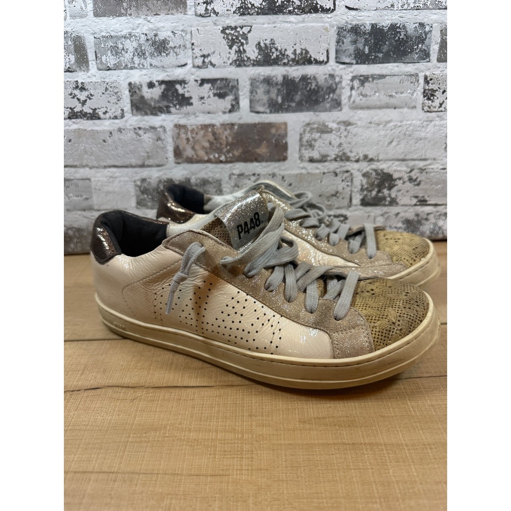 P448 Women's John Sneakers Beige‎ Snake Print Metallic Accents
